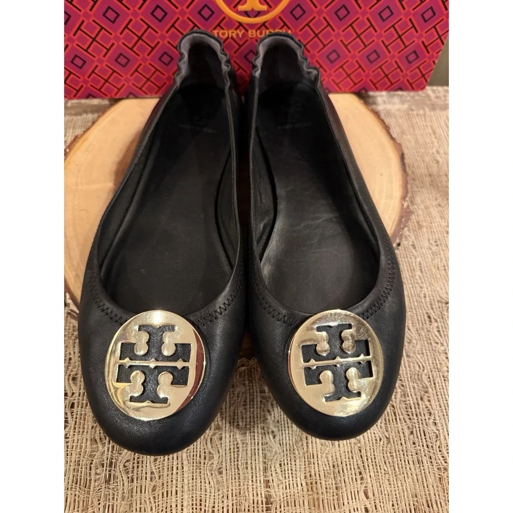 Tory Burch Minnie Travel Ballet Flats Black Leather Gold Logo Sz-10M